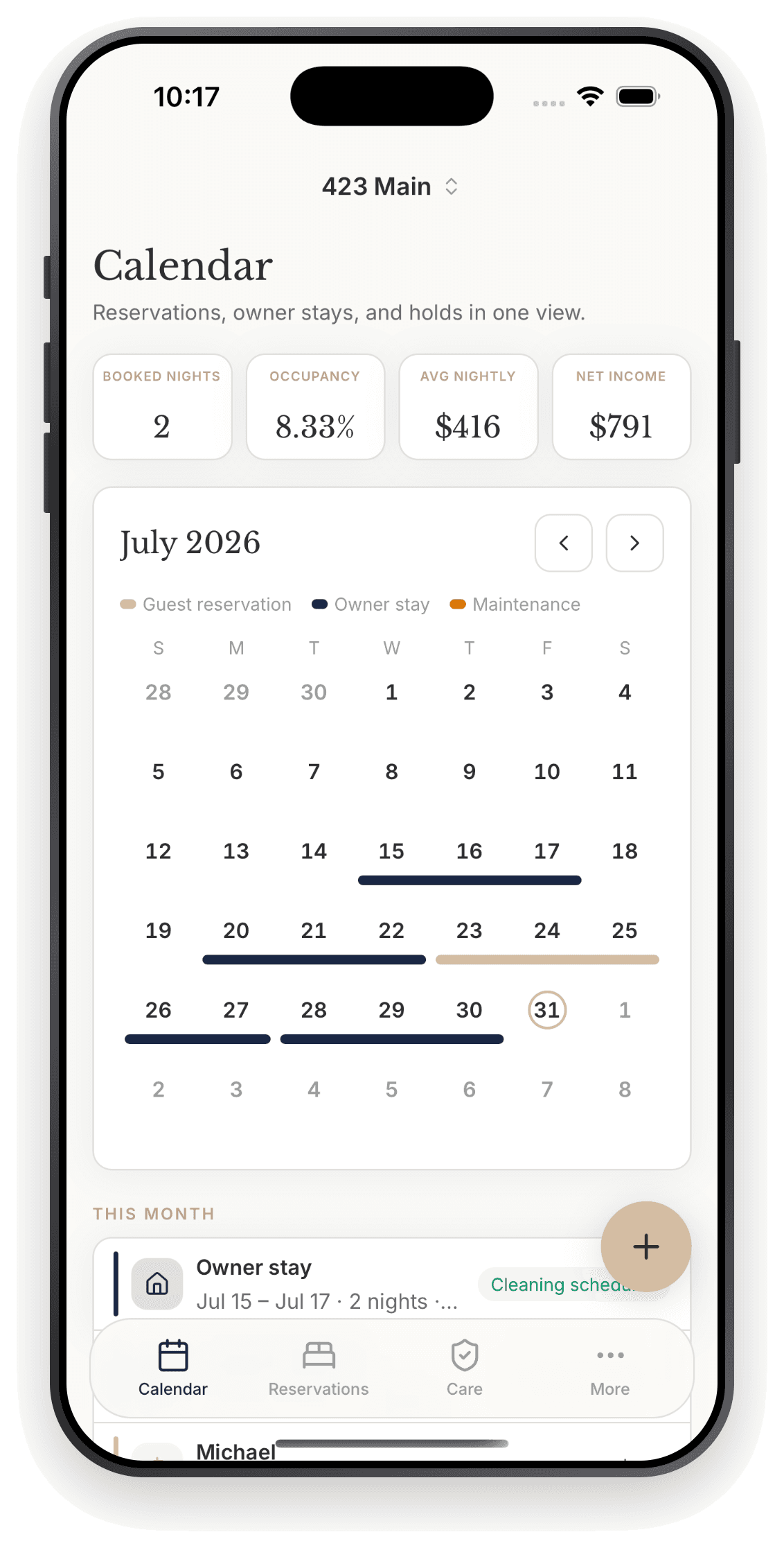 LocalOwner app calendar showing reservations, owner stays, and occupancy for a LocalVR property