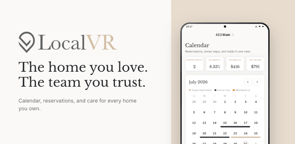 LocalOwner calendar on a phone beside the LocalVR headline The home you love. The team you trust.